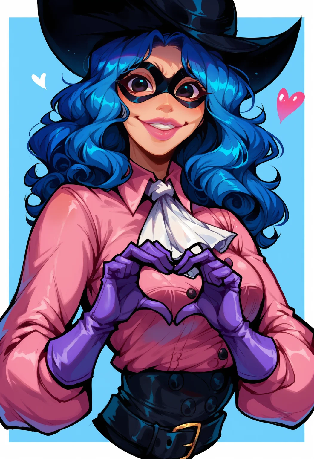 score_9, score_8_up, score_7_up,
1girl, belt buckle, black belt, black eyes, black hat, black mask, blue background, blue hair, border, buttons, collared shirt, domino mask, gloves, grin, hat feather, heart, heart hands, lips, long hair, long sleeves, looking at viewer, masked, medium breasts, outside border, parted lips, pink lips, pink shirt, purple gloves, shirt, simple background, smile, solo, underbust, wavy hair, white ascot, white border
<lora:Radiant_Rhapsody:0.75> <lora:DetailedEyes_V3:1>