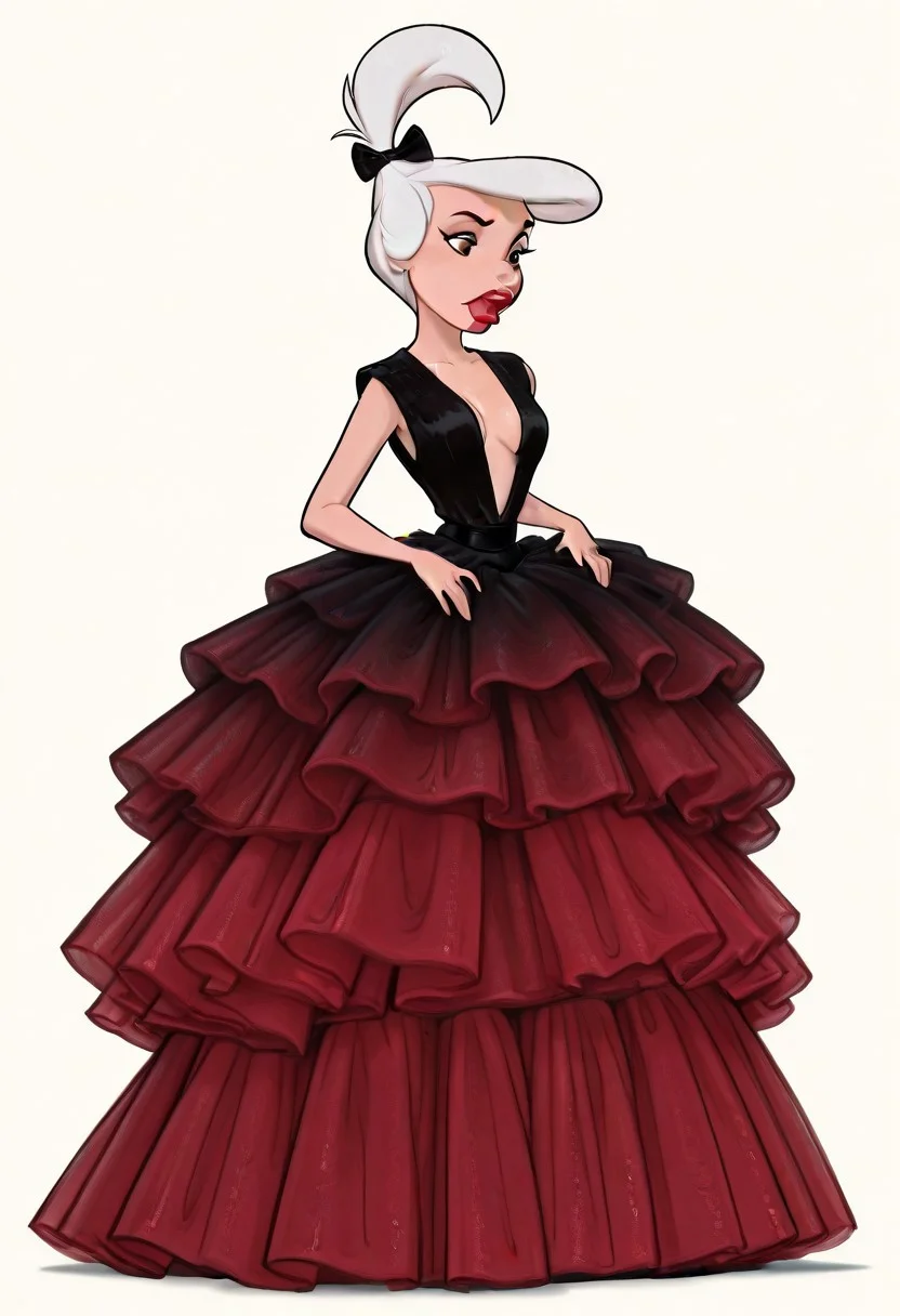 masterpiece, best quality, amazing quality, very aesthetic, high resolution, ultra-detailed, absurdres, 1girl, xjudyx, white hair, hair bow, brown eyes, lipstick, red dress, black top, plunging neckline, layered dress, high-low dress, DISNEY_ANIMATION,