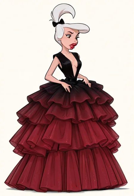 masterpiece, best quality, amazing quality, very aesthetic, high resolution, ultra-detailed, absurdres, 1girl, xjudyx, white hair, hair bow, brown eyes, lipstick, red dress, black top, plunging neckline, layered dress, high-low dress, DISNEY_ANIMATION,