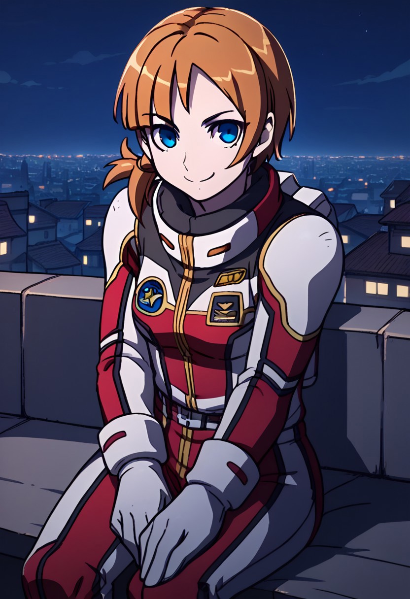 score_9, score_8_up, score_7_up,city view, 1 female,night view, moonlight,somers, female, brown hair, blue eyes, hair with band,open-collor pilotsuit,gloves,sitting,smile