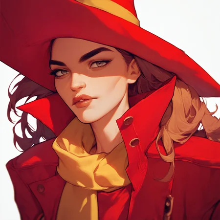 score_7_up, score_8_up, score_9, masterpiece, perfect face, high quality, source_anime, (1girl, solo,) carmensandiego, red overcoat, red hat, yellow hatband, yellow scarf, large breasts,