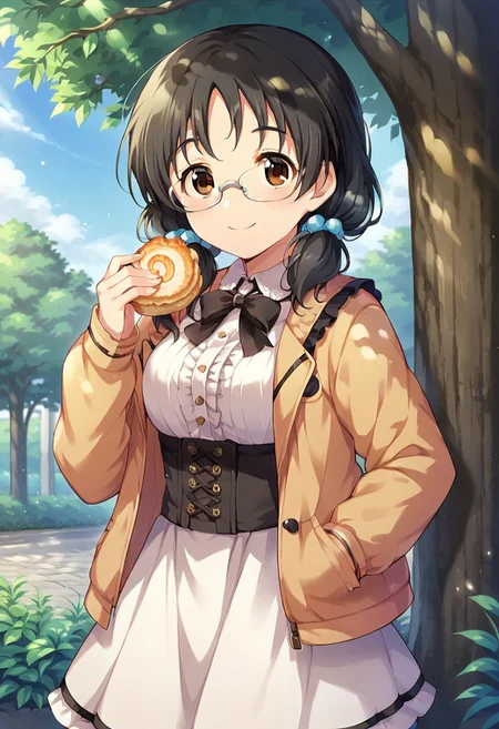 score_9, score_8_up, score_7_up, source_anime,asano fuuka, brown eyes, glasses, black hair, 1girl, tree, skirt, frills, solo, twintails, food, jacket on shoulders, smile