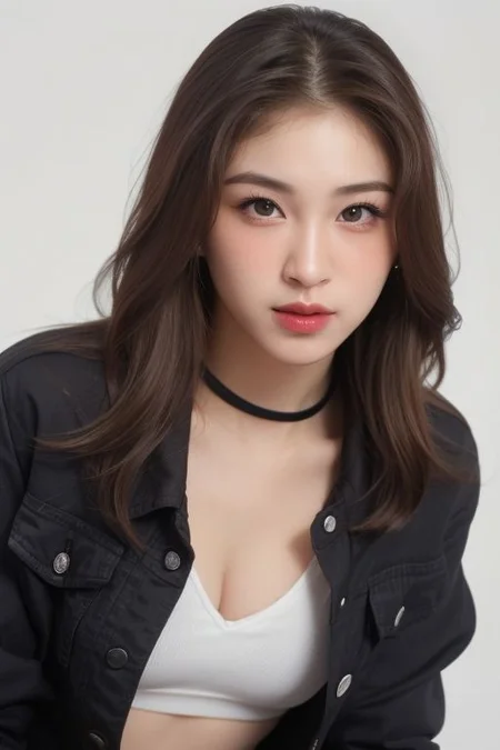 (sport bra, sexy jeans, jacket), collar bone, collar cocker, perfect face shape, (perfect eyes, bright eyes, downing eyes, perfect eyes looking), (fullbody shoot:1.2), {smirk|parted lips}), cleavage, (medium breast:1.2), looking at viewer, (shiny skin, pale skin, clear skin), (messy medium hair : 1.2), focus on face, ((white background, simple background)), (make up, eyelash, blush, red lips), (dinamic pose, profesional model pose, naughty pose)
