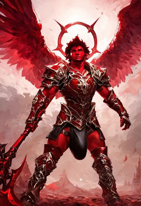safe_pos, score_9, score_8_up, score_7_up, 1boy, red armor, red sky, black fantasy wings, red gauntlets, bulge, red scythe, red skin, halo, detailed eyes, detailed face, masterpiece, cinematic lighting, absurdres