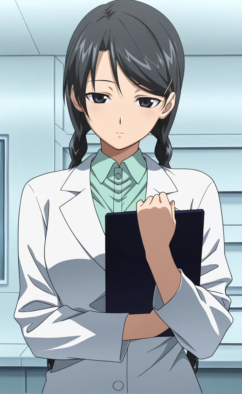 1girl,e1fnsa1t0,anime coloring,solo,twin braids,black hair,black eyes,half-closed eyes ,medium breasts,hairpin,lab coat,indoors,,upper body ,holding clipboard ,,,, ,looking at viewer,best quality,masterpiece,sensitive, <lora:elfenliedsaitoNoobAI:1>
