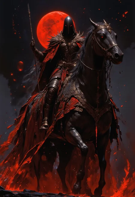 highest quality, extremely detailed, 4k, 8k, amazing quality, masterpiece, best quality, a person is riding atop his black horse , dark night ,magic, dark world, dark fantasy art, fantasy creatures, dark horse, medieval creatures, cape,red moon,Blood Moon