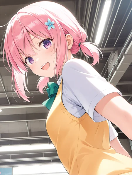masterpiece,best quality,newest,
1girl,solo,
<lora:mpl_ilxl_v1.1>,high ceiling,
<lora:Fixhands_anime_bdsqlsz_V1:1>,panorama,from_side,<lora:momo_ilxl_v1.8:1>,momo,pink hair,low twintails,purple eyes,h_o,hair ornaments,m_clothes,short sleeve blouse,yellow vest,green bowtie,standing,parted lips,:d,point,outstretched arm,from behind,looking_at_viewer,looking_back,upper_body,