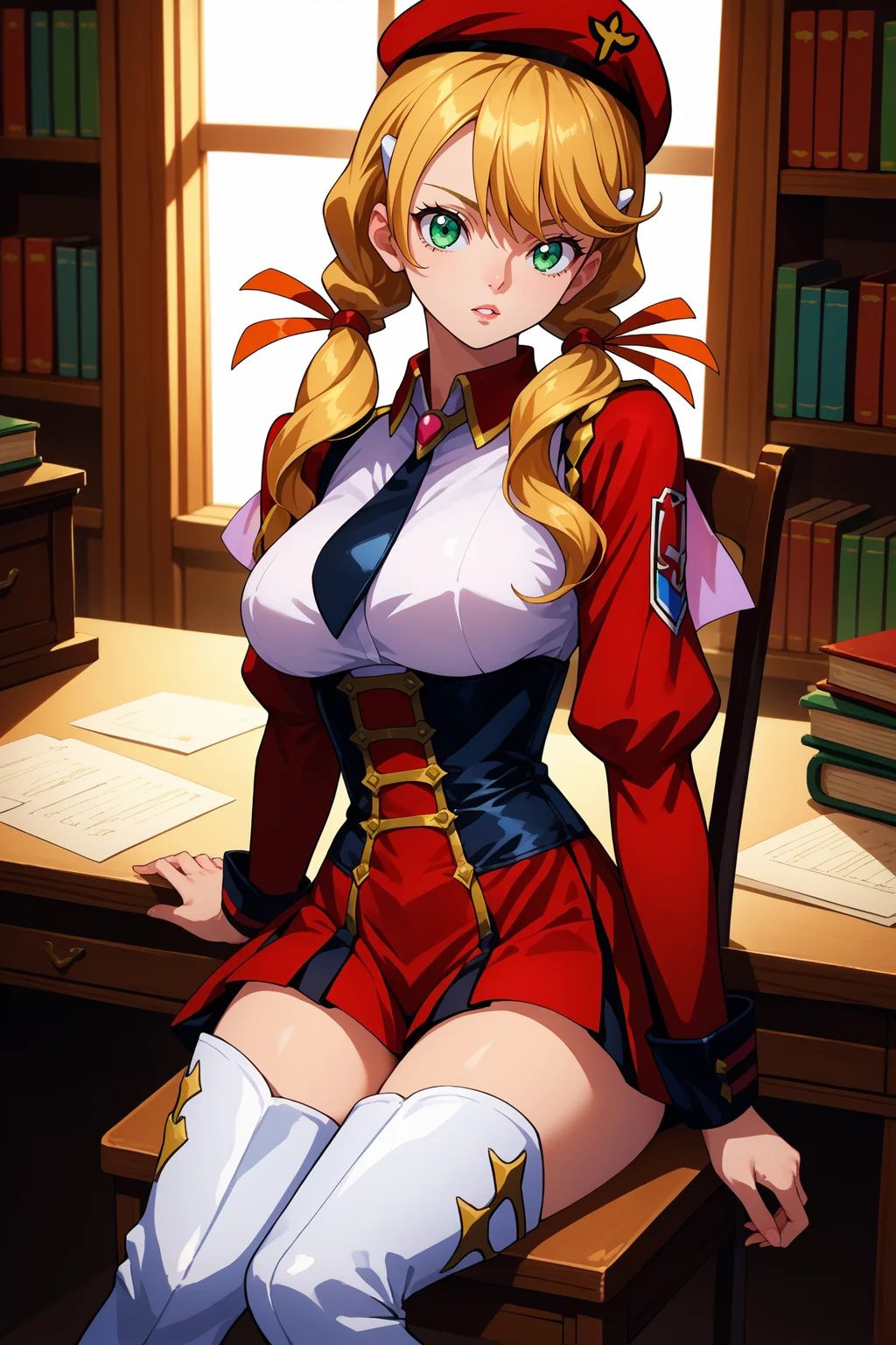 score_9, score_8_up, score_7_up, score_6_up, source_anime, 1girl, solo, <lora:oldrinzevon-pdxl-nvwls-v1-000005:1> oldrin, blonde hair, low twintails, green eyes, red ribbon, red beret, white shirt, black necktie, red sleeves, red uniform, puffy sleeves, corset, red skirt, white boots, thigh boots, large breasts, sitting, desk, chair, bookshelf, looking at viewer, parted lips, full body