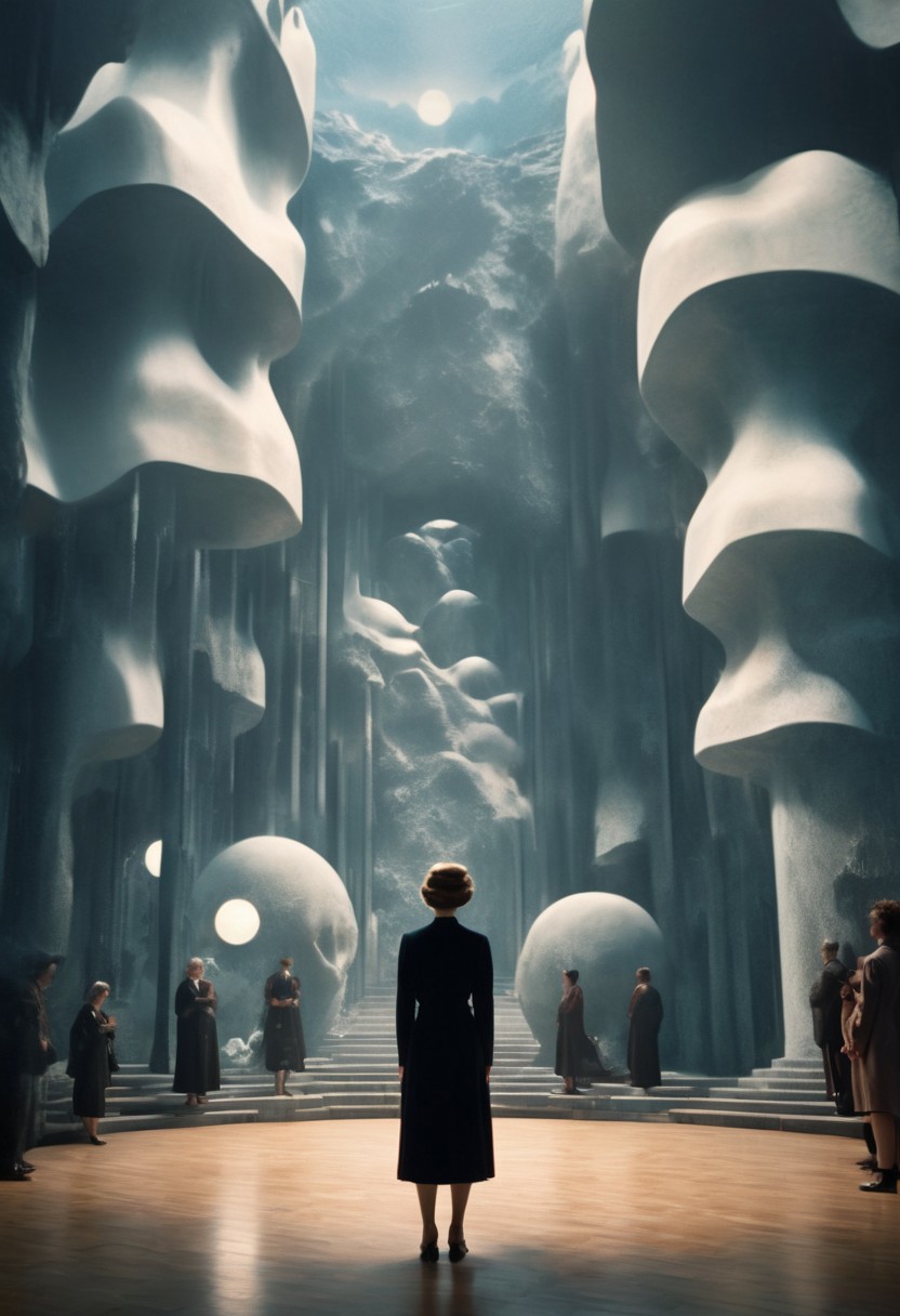 Rene Magritte , (tilt-shift lens:1.6), draconian jaw, fantasy ambience, anime style,  woman contemplating, immersive-inspired art deco, inside and out landscape,showing the giant lighting maximalist.  award-winning, professional, In the midst of a darkened room, swinging its club and the warriors charging forward.