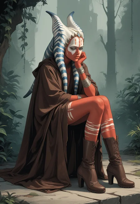 score_9, score_8_up, score_7_up, score_6_up, 1girl, (score_9, score_8_up:1,1), score_7_up,1 girl, perfect face, Togruta Shaak Ti sits in a chair. She has a pumped-up body with colorful tattoos covering her arms, torso, and legs, showing off a mix of tribal and abstract patterns. gothic clothing, high-heeled boots, The background is an uncultivated garden, a mystical, ominous atmosphere. The entire scene is lit with a wild mix of neon colors like red, blue, and purple, giving it a surreal, trippy look. The art style is a killer mix of comic book and fantasy, with hyperrealistic textures and bright, dynamic colors.