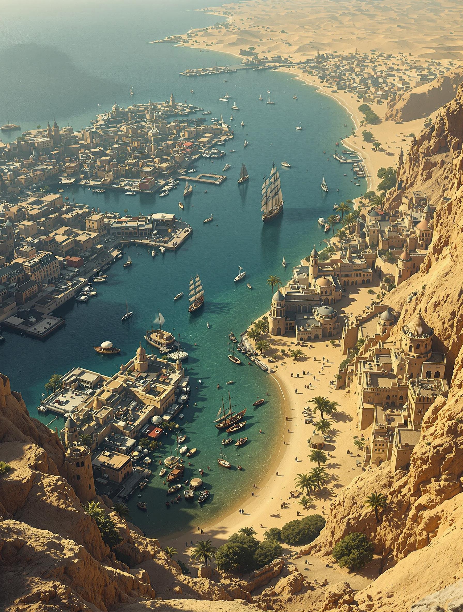 view from far above, on a medieval triable harbour town who is build into the sea, the buildings standing in the water and sea himself, this town is small, on the coast of a desert, around the town is water and a river flowing beside the city, around the river grows trees and palms, this town is the home for lizard-men