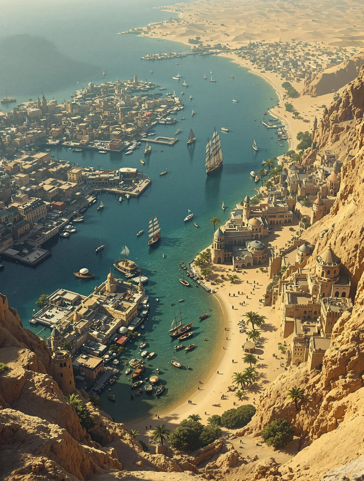view from far above, on a medieval triable harbour town who is build into the sea, the buildings standing in the water and sea himself, this town is small, on the coast of a desert, around the town is water and a river flowing beside the city, around the river grows trees and palms, this town is the home for lizard-men