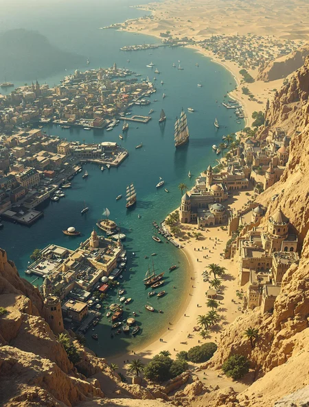 view from far above, on a medieval triable harbour town who is build into the sea, the buildings standing in the water and sea himself, this town is small, on the coast of a desert, around the town is water and a river flowing beside the city, around the river grows trees and palms, this town is the home for lizard-men