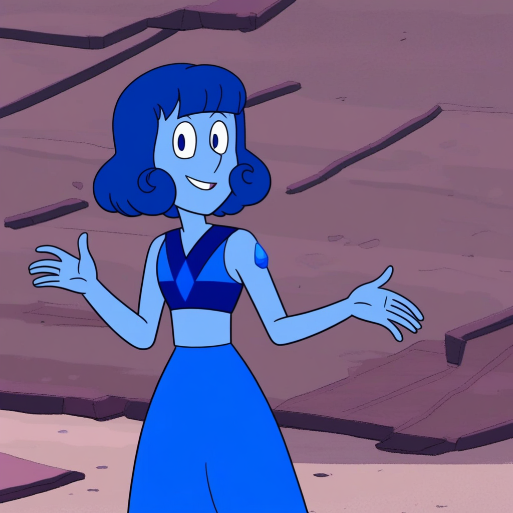 score_9, masterpiece, 1girl, Solo, female focus, MeanLapis_SUF, light azure skin, dark blue eyes, medium-blue hair, short hair, hairstyle soft wavy bob, flat bangs, gemstone on her left shoulder, blue top with dark blue details, long blue skirt, barefoot, big eyes, tall stature, standing, cowboy shot, room background, looking at viewer, perfect eyes, full body, detailed eyes, smile