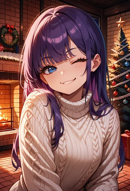 score_9, score_8_up, score_7_up, source_anime, head and shoulders portrait, 1girl, long violet hair, red and white knit sweater, knit sweater, long hair, wink, blue eyes, smug, smirk, chrlib, indoors, living room, night, brick oven, christmas tree, christmas ornaments,