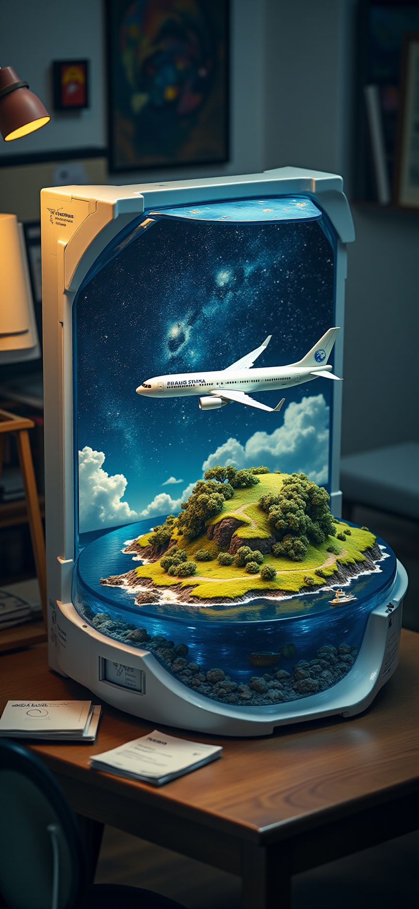 (indoor,very wide isometric view,tilt-shift lens:1.6), (A miniature diorama of:2.5) of (stasis _chamber:1.5), gradation,  gradation,(galaxy,milky way:1.3),  boeing 737 at (floating island,levitating  island:1.5) on (table:2) at (study:2.5)  <lora:Diorama_Flux:1>