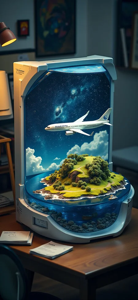 (indoor,very wide isometric view,tilt-shift lens:1.6), (A miniature diorama of:2.5) of (stasis _chamber:1.5), gradation, gradation,(galaxy,milky way:1.3), boeing 737 at (floating island,levitating island:1.5) on (table:2) at (study:2.5) <lora:Diorama_Flux:1>