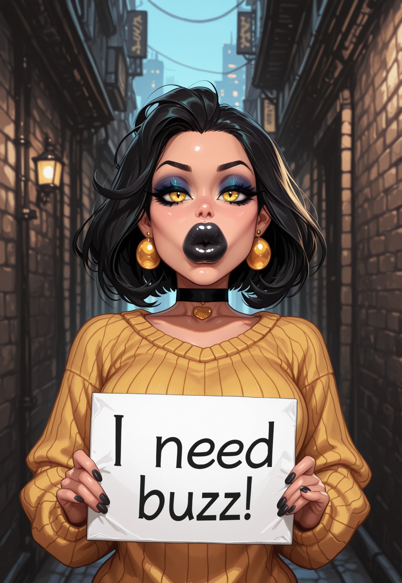 1girl , solo. Sraight hair. Black hair, yellow eyes, short. Yellow black sweater. Striped sweater. Baggy sweater. choker, masterpiece ,best quality ,amazing quality, SH_Style , NIMO , huge lips. Full lips. Puckered lips. Eyeshadow. Makeup. Contour. Sharp cheekbones. Black lipstick. Elaborate eyeliner. Fancy eyeliner. Face focus. Alleyway. Alley. City. need_buzz. holding sign. 