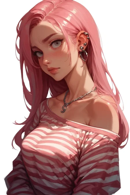 1girl, pink hair, solo, striped clothes, jewelry, earrings, long hair, bare shoulders, striped shirt, simple background, white background, striped sleeves, upper body, shirt, piercing, breasts, necklace, artist name, collarbone, ear piercing, closed mouth, blush, grey eyes, off shoulder, long sleeves, signature, from side, grey background,, zPDXL3, detailxl, Score_PnyReal, (lineless:1.5)