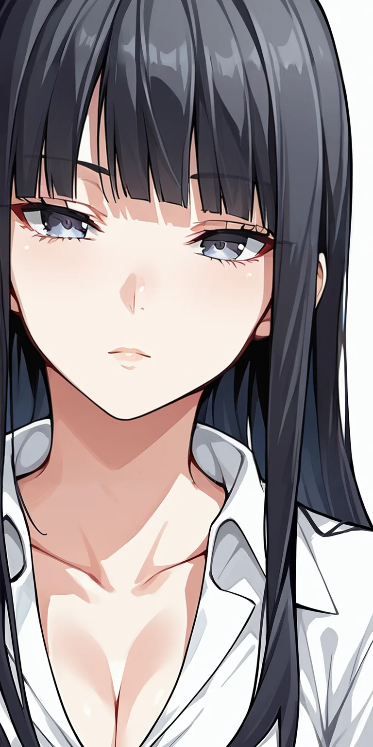 score_9,score_8_up, score_7_up, source_anime
simple background, white background, facing viewer
1girl, solo, portrait, looking at viewer
black hair, long hair, blunt bangs
white collared shirt, cleavage, collarbone
<lora:Saeki_Shun_Tosh_Style:0.9>manga_style, <lora:Expressive_H:0.8>expressiveh