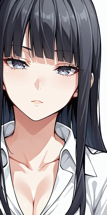 score_9,score_8_up, score_7_up, source_anime
simple background, white background, facing viewer
1girl, solo, portrait, looking at viewer
black hair, long hair, blunt bangs
white collared shirt, cleavage, collarbone
<lora:Saeki_Shun_Tosh_Style:0.9>manga_style, <lora:Expressive_H:0.8>expressiveh