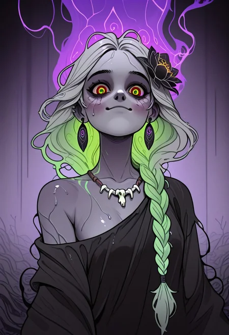 ajnblyst, multi-colored, psychadelic,
Swamp spirit maiden, 1 woman, bone necklace, handcrafted earrings, alone in the gloom, swampy dress of wet leaves and petals, offering a black lotus flower, staring through the viewer's soul, light grey skin, wet glossy hair with streaks of kaleidoscopic color, messy braids like tangled roots, close upper shot, piercings made from swamp stones and metal, wild eyes, flushed cheeks, loose top hanging off one shoulder, murky green fog swirling all around, twisted trees of Tirisfal reaching behind her, purple lightning storm above, Caravaggio-style lighting and detail, but invaded by sickly fluorescents and enchanted shadows