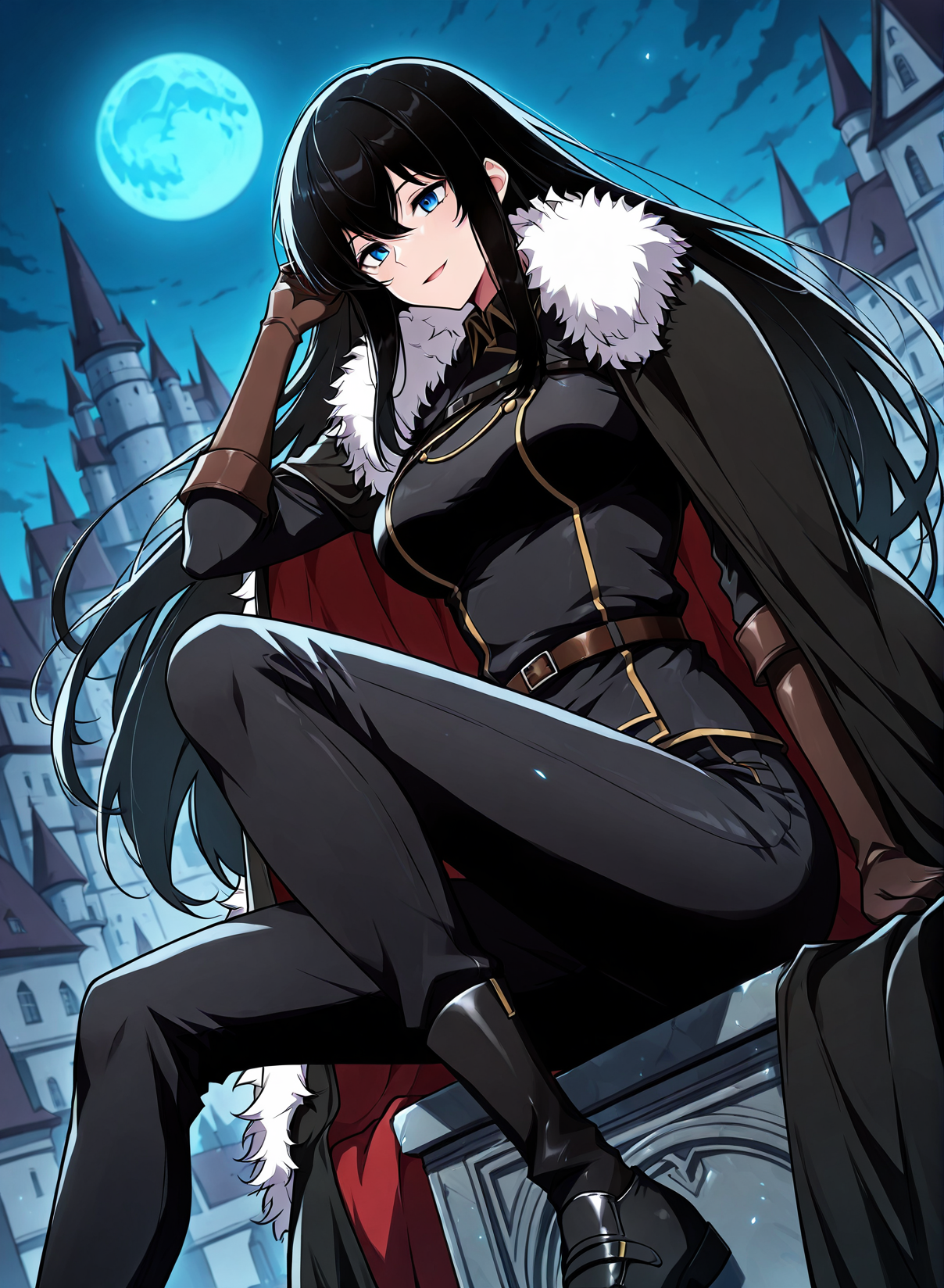 <lora:Karina_Dragonia__The_Knight_King_Who_Returned_with_a_God__Illustrious:1>
1 girl, solo, blue eyes, long hair, black hair, loose hair, hair between the eyes, bangs, sidelocks,
black jacket, black uniform, black gloves, uniform, black cape, black shoes, black pants, jacket, elbow gloves, belt, brown gloves, fur-trimmed cape, 
score_9, score_8_up, score_7_up, very aesthetic, source_anime, detailed, high quality, beautiful, masterpiece, detailed eyes, castle, village, blurry background, cityscape, pose dynamic angle, light smile, open mouth, hand on hair, sitting, night, blue moon