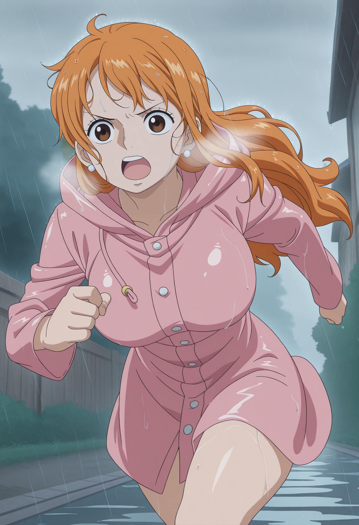 1girl,solo,mm,mature female,orange hair,brown eyes,earrings,large breasts,anime coloring,
long hair,raincoat,wet,running,rain,outdoors,open mouth, heavy breathing, 
,masterpiece,best quality,amazing quality,<lora:NAMI-ONE_PIECE-SabaodyWano:0.8>