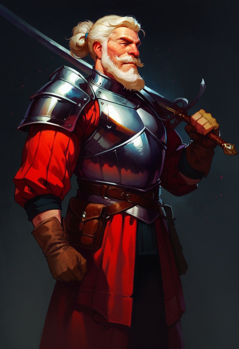male focus, solo focus, solo, score_9, score_8_up, score_7_up, 1boy, beard, mustache, armor, ZweihanderV1.1-pose2, weapon, sword, holding weapon, holding, over shoulder