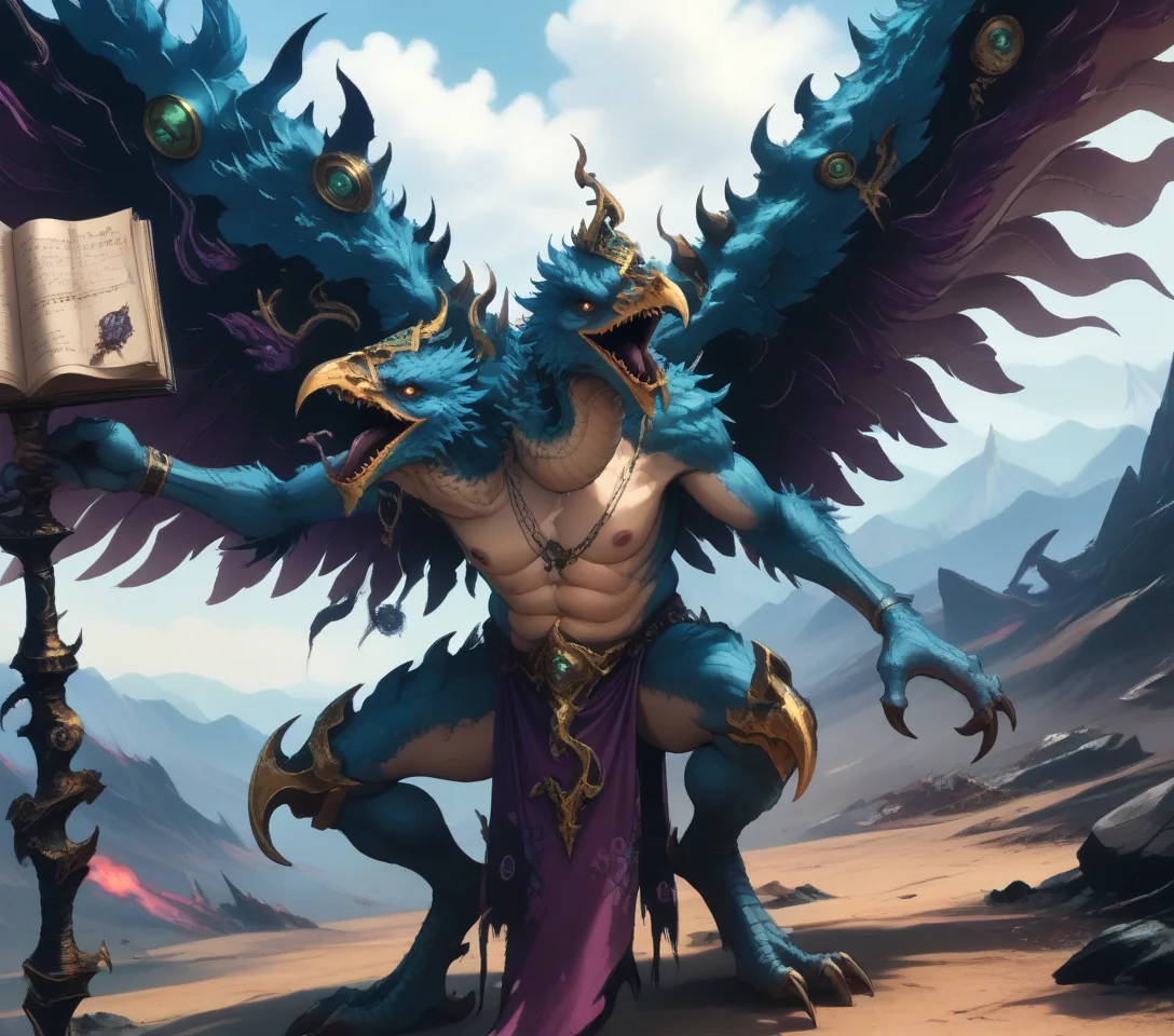 <lora:Kairos_Fateweaver_(Warhammer)_(Pony)_(AD):1.5>
Kairos Fateweaver, Tzeentch, two headed, long necks, raven, raven headed, wings, blue body, blue feathers, blue skin, eye_of_Tzeentch, mark_of_Tzeentch, staff, chaos_demon, Tzeentchian_chaos_warp, Tzeentch_corruption, Tzeentchian_domain, scenery,
in the style of the video game Warhammer 3,