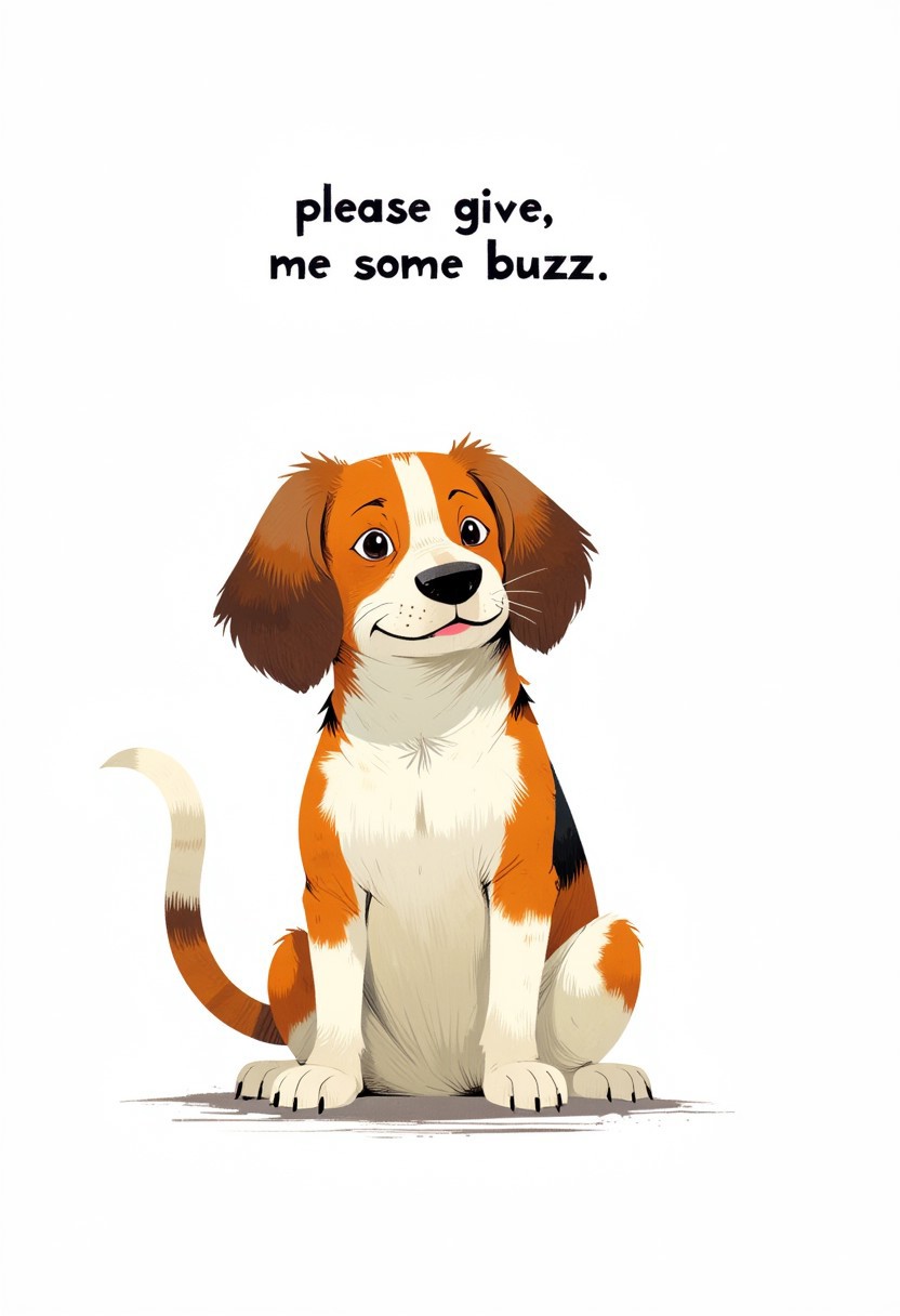 ppstorybook, The image features a cartoon dog with a fur texture that resembles that of a beagle. The cat has a somewhat happy expression.The background is plain white, which makes the dog stand out prominently. The text above the cat reads "please give, me some buzz".