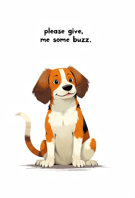 ppstorybook, The image features a cartoon dog with a fur texture that resembles that of a beagle. The cat has a somewhat happy expression.The background is plain white, which makes the dog stand out prominently. The text above the cat reads "please give, me some buzz".