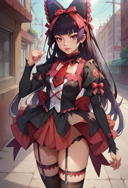score_9, score_8_up, score_7_up, 1girl, rating_safe 1girl, <lora:rory_mercury-PD-1.0:1>commercial rory mercury, dress, hair ribbon, puffy sleeves, necktie, thighhighs, garter straps, finger gun