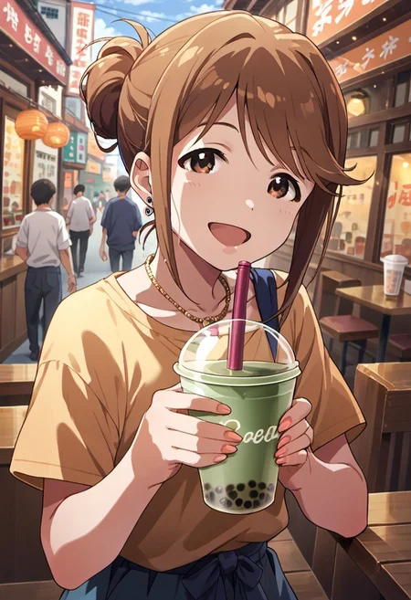 score_9, score_8_up, score_7_up, source_anime,tenkubashi tomoka, brown hair, brown eyes, smile, open mouth, 1girl, jewelry, necklace, :d, solo focus, looking at viewer, bubble tea