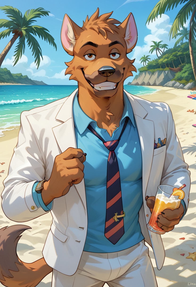 score_9, score_8_up, score_7_up, (AceHart), german shepherd, solo, 1boy, ((expressive)), ((body movement, hand movement)), outdoors, in backroom, cocky smile, smile, teeth, looking at viewer, holding dink in hand, chilling near beach bar, sunny, sand, beach scenery, blue shirt, white suit jacket, black tie, detailed bedroom, hi res, perfect face, best artwork, highly detailed