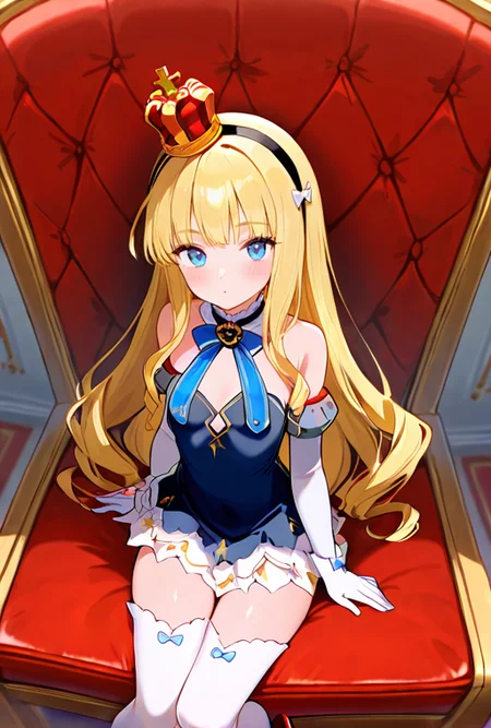masterpiece, High quality, Ultra detailed, 2d, newest, absurdres, highres, BREAK
1girl, solo, <lora:QNELI_v2_LISETTElora:0.8>, qneli, long hair, blonde hair, mini crown, black hairband, blue eyes,
small breasts, qnelidef, blue bow, short dress, dress, bare shoulders, detached sleeves, white gloves, white thighhighs, footwear, rudder footwear,
full body, sitting, looking at viewer,