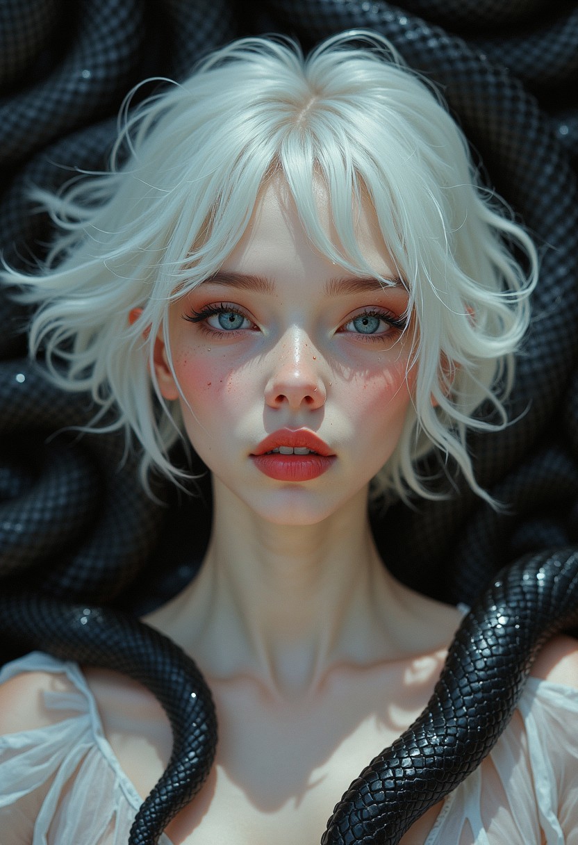 DB4RZ style painting, 　,Fantasy aesthetics, , (albino:1.3) (nymph:1.3), (albinism:1.4), Lengthened Rectangular Face with Noticeable Jaw and Cheekbones, Clean, Straight Eyebrows, Wide-Set Close-Set Eyes, Majestic Aquiline Nose, Full Lips, windswept (Fine) (stylish short white hair:1.3) (Close up:1.2), Dutch Angle), (dynamic composition:1.2), (shallow depth of field:1.2), bright lighting vibrant, in the style of (Ansel Adams:1.3) (Rule of thirds:1.1) Show less(face close-up:1.4) portrait of a mischievous Saudi woman wearing a white sheer dress lying among black snakes, snake pit, mysterious smile, (sweat, wet, bold makeup), fantasy, horror, body horror, elegant. a mesmerizing blend of light and shadow. masterpiece, absurdres, intricate details, film grain, dynamic range, (skin texture style, detailed skin pore, detailed skin, realistic skin) <lora:skin texture style v4:0.4>
soft-hued colors, stunning background. dark and moody, a mesmerizing blend of light and shadow. masterpiece, absurdres, intricate details.<lora:anime_martzv2:0.53> anime_martz, <lora:FLUX-daubrez-DB4RZ:0.33> DB4RZ, DB4RZ style painting, <lora:NeonFantasyFLUX:0.73> ne0nfant4sy,