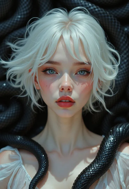 DB4RZ style painting, ,Fantasy aesthetics, , (albino:1.3) (nymph:1.3), (albinism:1.4), Lengthened Rectangular Face with Noticeable Jaw and Cheekbones, Clean, Straight Eyebrows, Wide-Set Close-Set Eyes, Majestic Aquiline Nose, Full Lips, windswept (Fine) (stylish short white hair:1.3) (Close up:1.2), Dutch Angle), (dynamic composition:1.2), (shallow depth of field:1.2), bright lighting vibrant, in the style of (Ansel Adams:1.3) (Rule of thirds:1.1) Show less(face close-up:1.4) portrait of a mischievous Saudi woman wearing a white sheer dress lying among black snakes, snake pit, mysterious smile, (sweat, wet, bold makeup), fantasy, horror, body horror, elegant. a mesmerizing blend of light and shadow. masterpiece, absurdres, intricate details, film grain, dynamic range, (skin texture style, detailed skin pore, detailed skin, realistic skin) <lora:skin texture style v4:0.4>
soft-hued colors, stunning background. dark and moody, a mesmerizing blend of light and shadow. masterpiece, absurdres, intricate details.<lora:anime_martzv2:0.53> anime_martz, <lora:FLUX-daubrez-DB4RZ:0.33> DB4RZ, DB4RZ style painting, <lora:NeonFantasyFLUX:0.73> ne0nfant4sy,