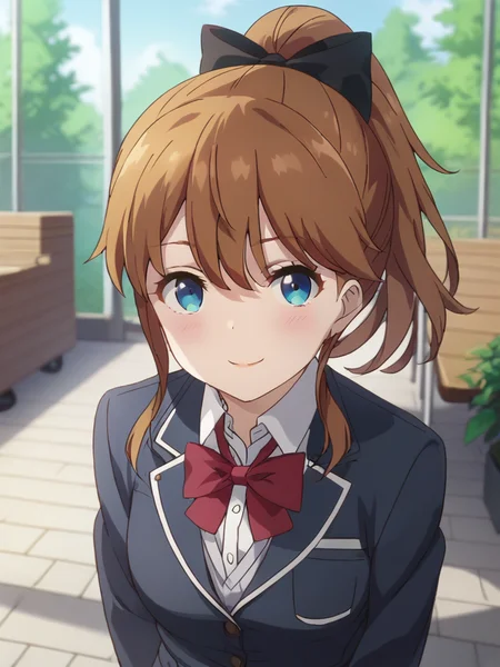 score_9,score_8_up,score_7_up,score_6_up BREAK official art,solo,outdoors,upper body,(portrait:1.5),looking at viewer,facing viewer,smile,blush,Akatsuki Minami,brown hair,long hair,high ponytail,hair bow,black bow,sidelocks,hair between eyes,parted bangs,blue eyes,school uniform,black jacket,blazer,open jacket,wing collar,red bowtie,grey cardigan,collared shirt,white shirt,long sleeves,medium breasts,blue skirt,pleated skirt,black socks,loafers,<lora:Akatsuki Minami(mtm)-Pony:1.6>,