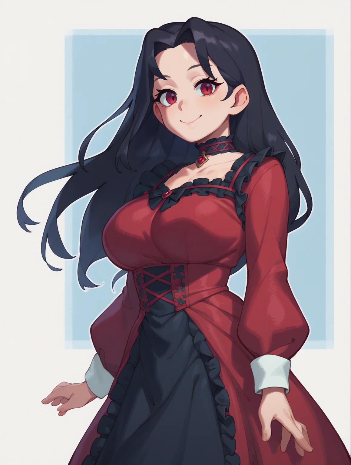 score_9, score_8_up, score_7_up, score_6_up, BREAK,<lora:Riz:1>, 1girl, solo, large breasts, cowboy shot, simple background, <lora:add-detail-xl:.5>, red eyes, black hair, smile, red dress, black trim, frilled dress, closed mouth, choker, long hair, straight hair, looking at viewer, long sleeves