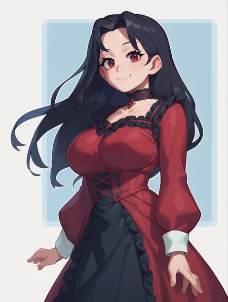 score_9, score_8_up, score_7_up, score_6_up, BREAK,<lora:Riz:1>, 1girl, solo, large breasts, cowboy shot, simple background, <lora:add-detail-xl:.5>, red eyes, black hair, smile, red dress, black trim, frilled dress, closed mouth, choker, long hair, straight hair, looking at viewer, long sleeves