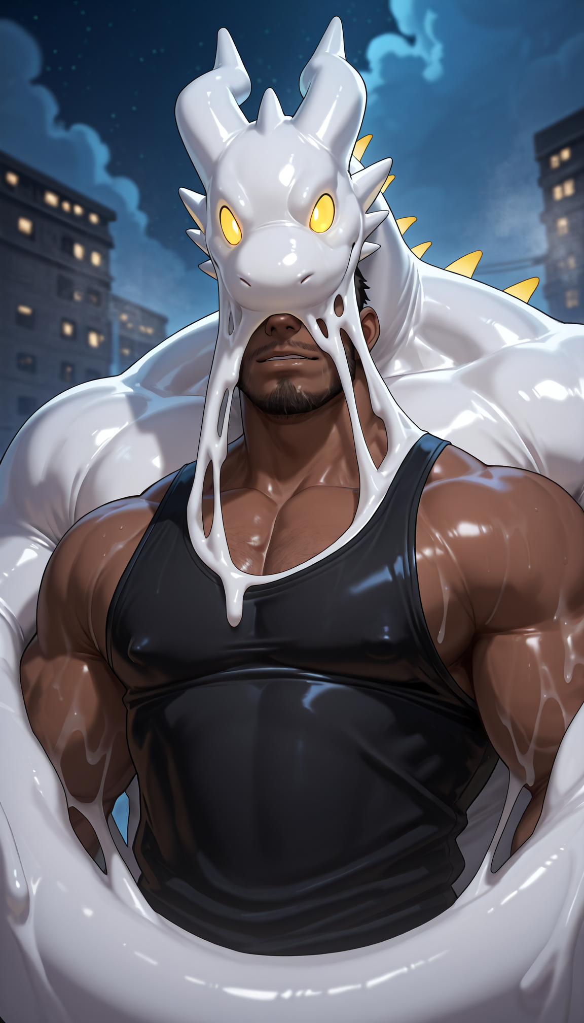 male focus,facial hair,solo,muscular,(detailed eyes:1.2, detailed face, nice eyes),(head covered by goo dragon,white goo),dark-skinned male,steaming body,bodysuit,tank top,night,(merging:0.7),glowing eyes,<lora:takahirosi-20:0.9>,
