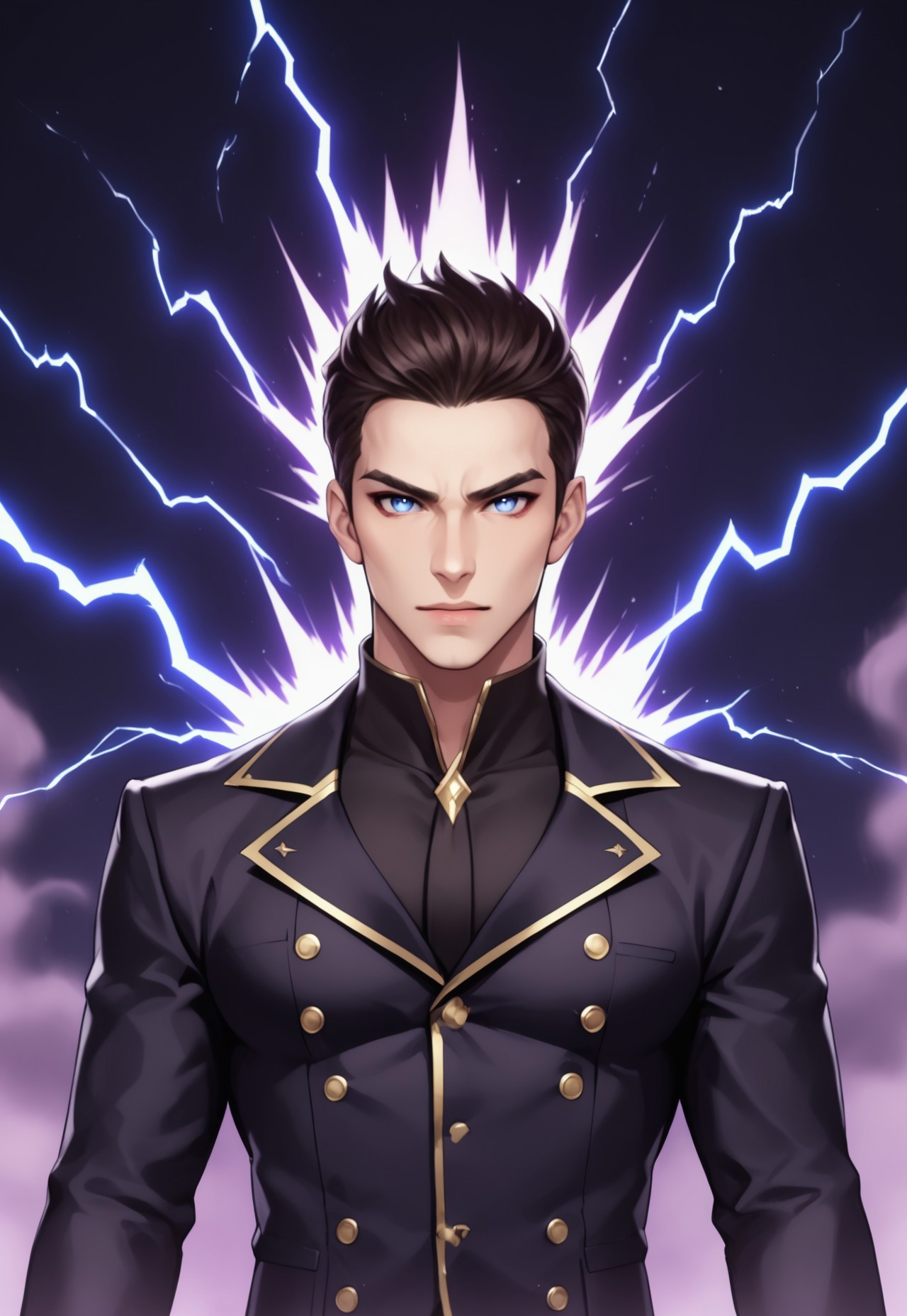 score_9, score_8_up, score_7_up,

1boy, A dark-haired male protagonist with a sharp and determined gaze, surrounded by swirling dark energy and electrifying purple lightning. His intense expression exudes confidence and power. He wears a sleek black outfit with a flowing cape, dynamic in motion, crackling with dark aura and energy. His piercing eyes glow faintly, partially shadowed by his hair, enhancing his enigmatic and overpowered presence.

He wields a sleek, menacing weapon with golden spikes, radiating a dark purple aura. His posture is aggressive yet composed, prepared for battle. The background is filled with abstract, ethereal shapes of monstrous figures, glowing symbols, and a moonlit, stormy sky. The scene is high-action, with a sense of rapid movement and unleashed power.

Dramatic lighting highlights the contours of his face and clothing, with a strong contrast between dark shadows and the radiant glow of his energy. His flowing cape and strands of hair are caught mid-motion, emphasizing the intensity of the moment.