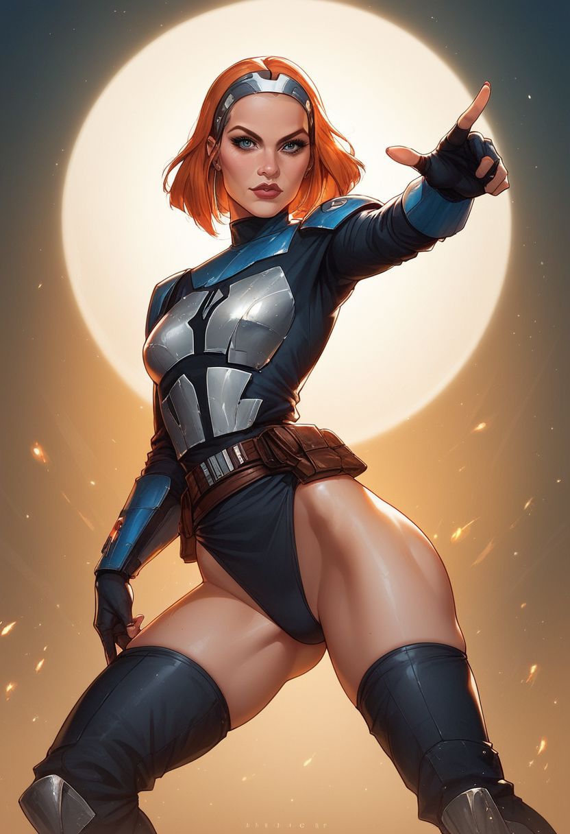 score_9, score_8_up, score_7_up, western cartoon, Expressiveh, volumetric lighting, dramatic lighting, g0thicPXL, fFaceDetail, ultra detailed, beautiful face, beautiful eyes, Bo-Katan Kryze, star wars, (small breasts:1.5), (skimpy armor), (sexy pose:1.5), (looking at viewer:1.5), (sci fi city), (blue ambient lighting), (panties), (thigh highs), (boots), (fight stance:1.5), (confident expression:1.5)