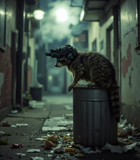 A raccoon perched on the edge of a metal trashcan, wearing n0ds on its head. The n0ds feature a protective headpiece in matte black, scaled to fit the raccoon, and equipped with a dual-tube optical device. The device includes two forward-facing cylindrical lenses, with small wires running along the sides, giving the raccoon an amusingly tactical appearance. Its nimble paws dig through the trash, scattering wrappers, scraps of food, and crumpled paper onto the ground. The scene is set in a dimly lit alley, with the faint glow of a nearby streetlamp casting long shadows, while the green light from the n0ds' lenses illuminates the raccoon's striped tail and the edges of the trashcan. A faint mist lingers in the air, adding a touch of mystery to the mischievous nocturnal scene., modern military helmet with tube night vision goggle attachment with lenses<lora:n0ds_epoch_23.safetensors:1.0:1.0> <lora:PCB_Image_Enhancer_for_FLUX.safetensors:1:1>