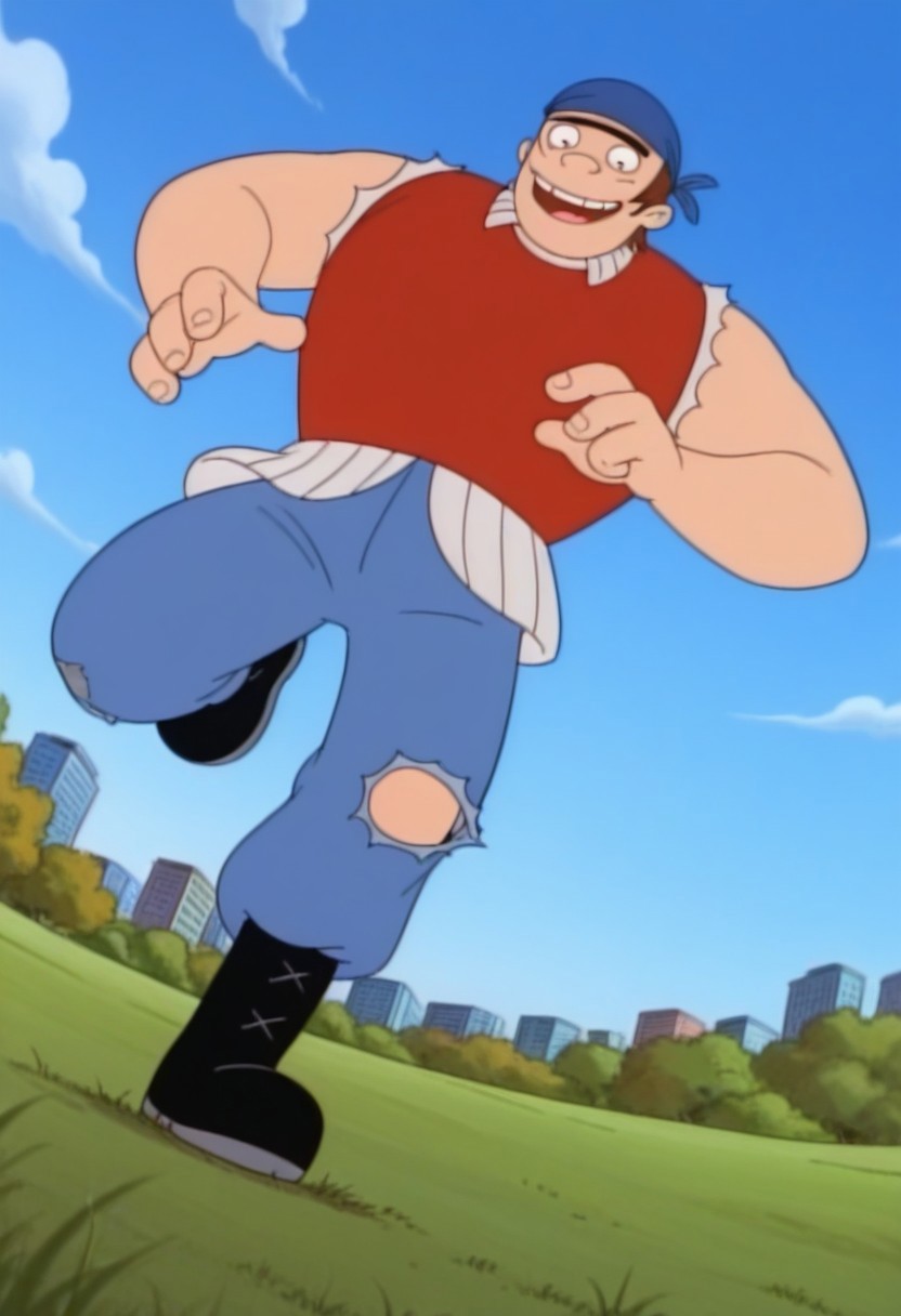 source_cartoon, score_9, score_8_up, score_7_up, High Quality, perfect body, torvald, 1boy, solo, blue bandana, brown hair, black eyes, unibrow, thick eyebrow, big body, red sleeveless shirt, ripped jeans, blue pants, black boots, park, blue sky, grass, simple style, dynamic pose, dynamic view, dynamic Angle, smile,.