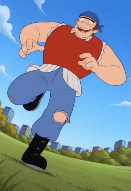 source_cartoon, score_9, score_8_up, score_7_up, High Quality, perfect body, torvald, 1boy, solo, blue bandana, brown hair, black eyes, unibrow, thick eyebrow, big body, red sleeveless shirt, ripped jeans, blue pants, black boots, park, blue sky, grass, simple style, dynamic pose, dynamic view, dynamic Angle, smile,.