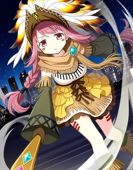 masterpiece, best quality, newest, absurdres, highres, safe, 1girl, himuro lavi, magia record: mahou shoujo madoka magica gaiden, holding boomerang, solo, city, night, dutch angle, <lora:himuro_lavi_noobaiXLNAIXL_vPred10Version:0.7>