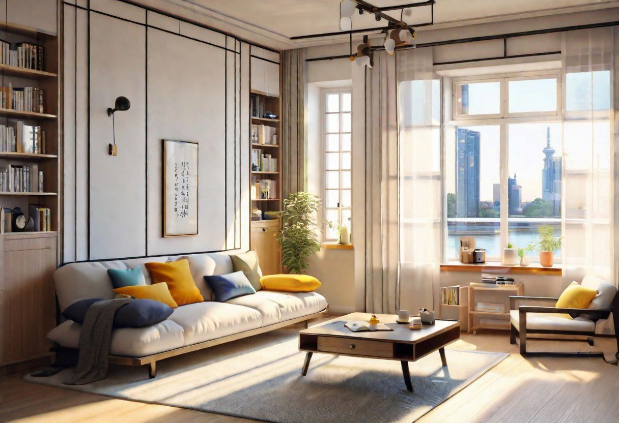 front view, anime-style, modern-style interior, with white walls and large windows, Nordic-style furniture, a  study, Sofa, coffee table, bookcase, single wall, 
warm light morning sun, (the view of the city)