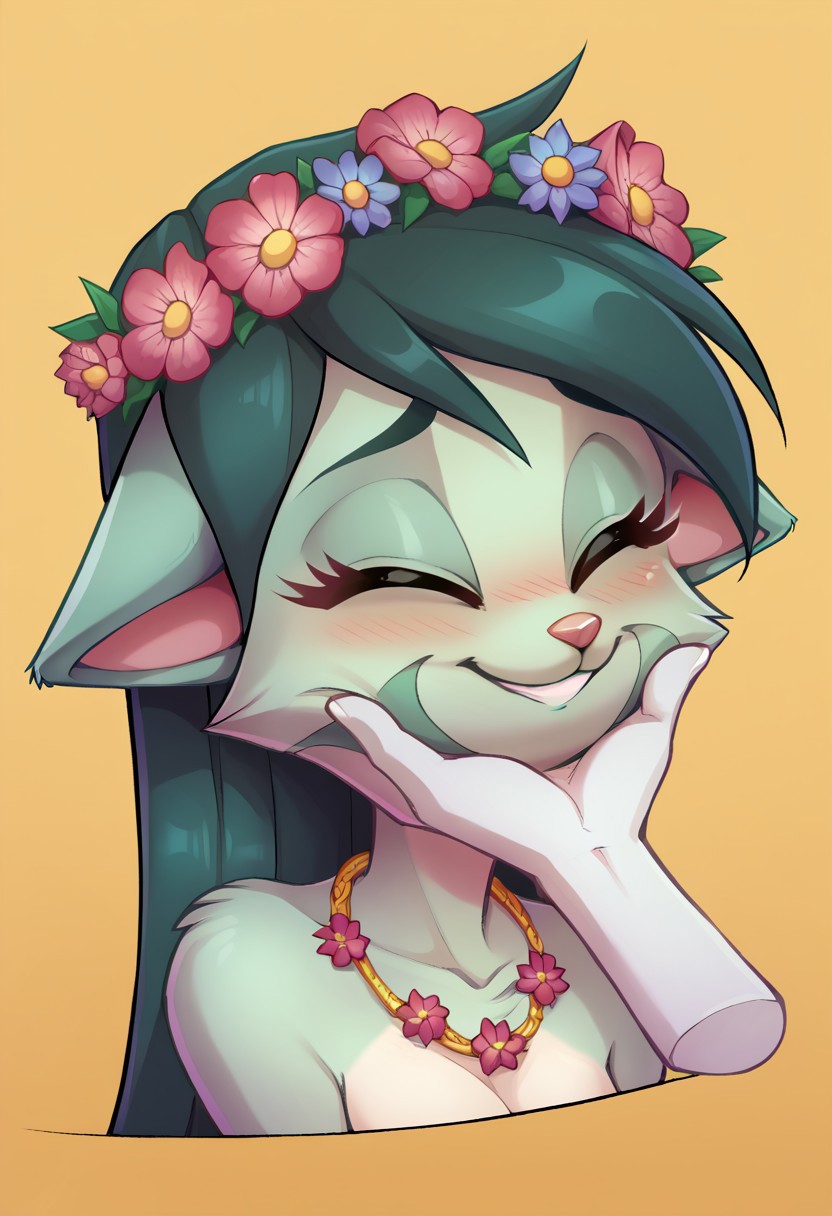 score_9, score_8_up, score_7_up, source_anime, BREAK 
lilith_calah, 1girl, furry female, furry, solo, tail, animal ears, 
blushing, bust, cute, eyes closed, floppy ears, floral head wreath, floral necklace, flower in hair, high-res, smiling, (((disembodied hand caressing face)))